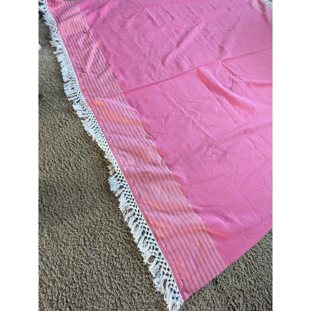 Lilly Pulitzer Pink/Gold Stripe Fringe Tablecloth 77x69 Diamond Rectangular